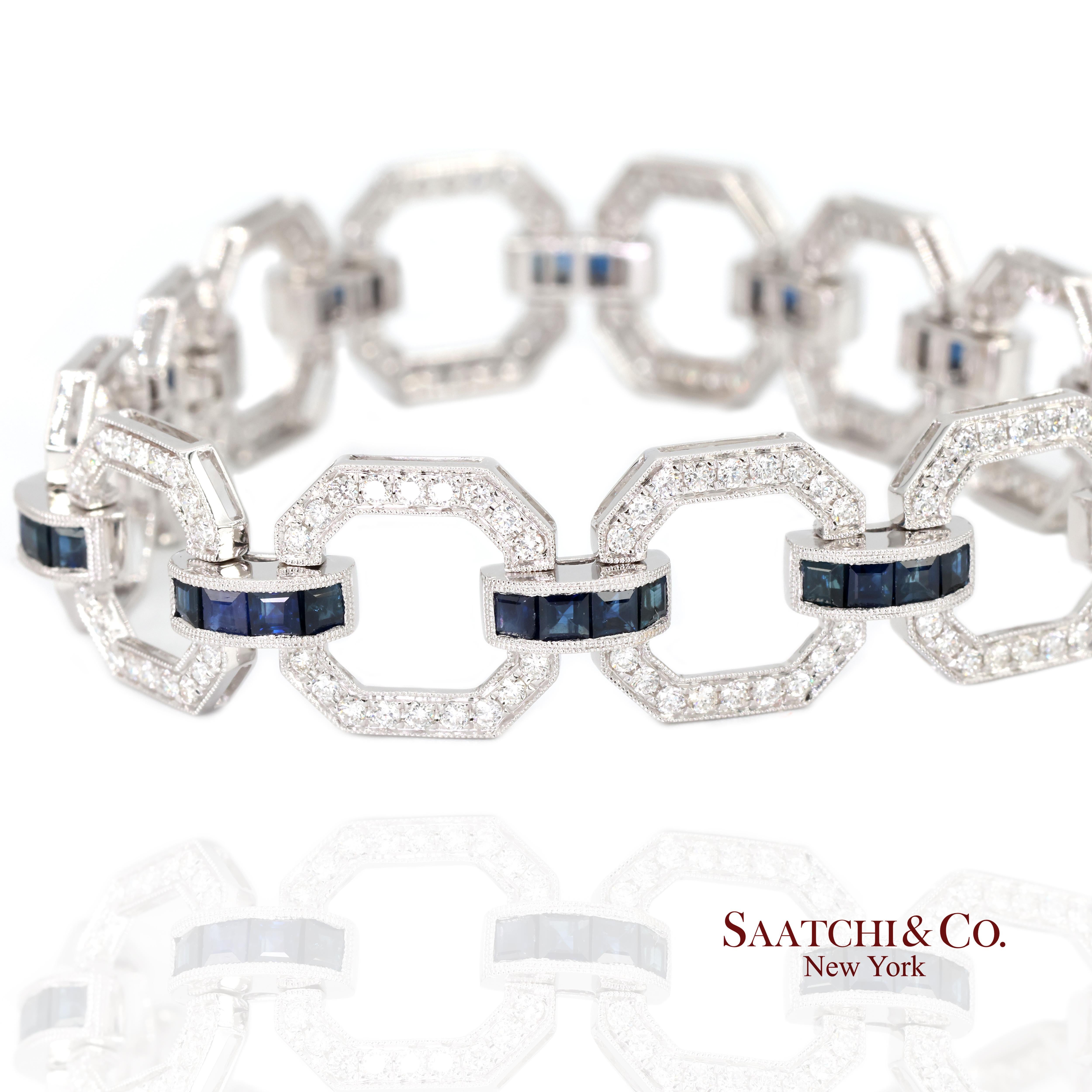 18k Zafiro Diamante Pulsera Mujeres Oro Blanco 7.42in Milgrain Art Deco en venta 3