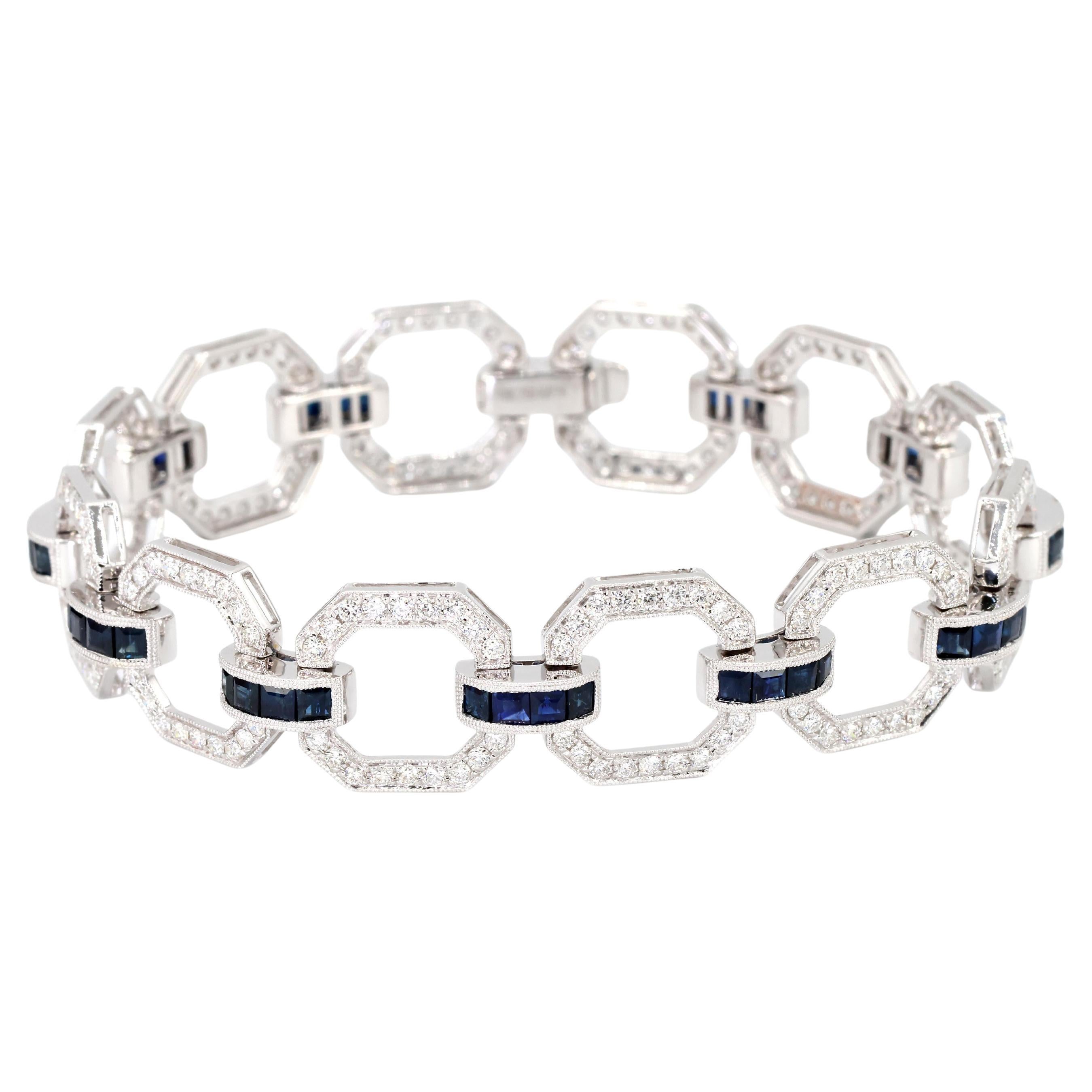 18k Zafiro Diamante Pulsera Mujeres Oro Blanco 7.42in Milgrain Art Deco en venta