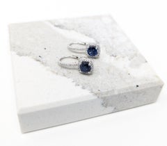 18k Sapphire & Diamond Drop Dangle Halo Earrings 750 White Gold Ceylon Blue