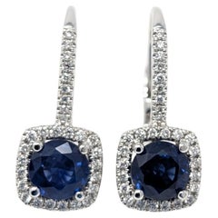 Pendientes Halo Colgantes de Zafiro y Diamantes de 18k Oro Blanco 750 Azul de Ceilán