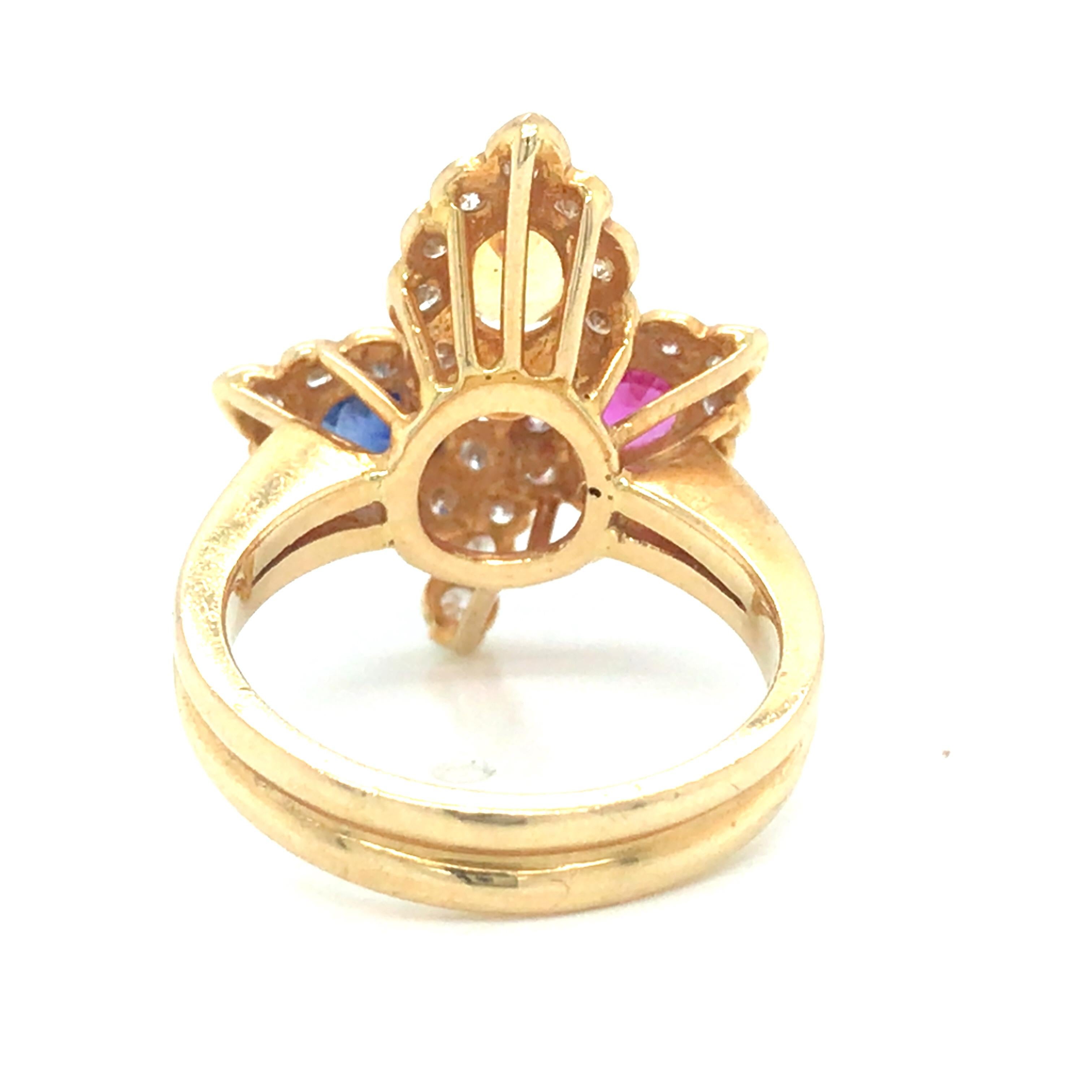 Women's 18K Sapphire Diamond Flower Cluster Ring Yellow Gold For Sale