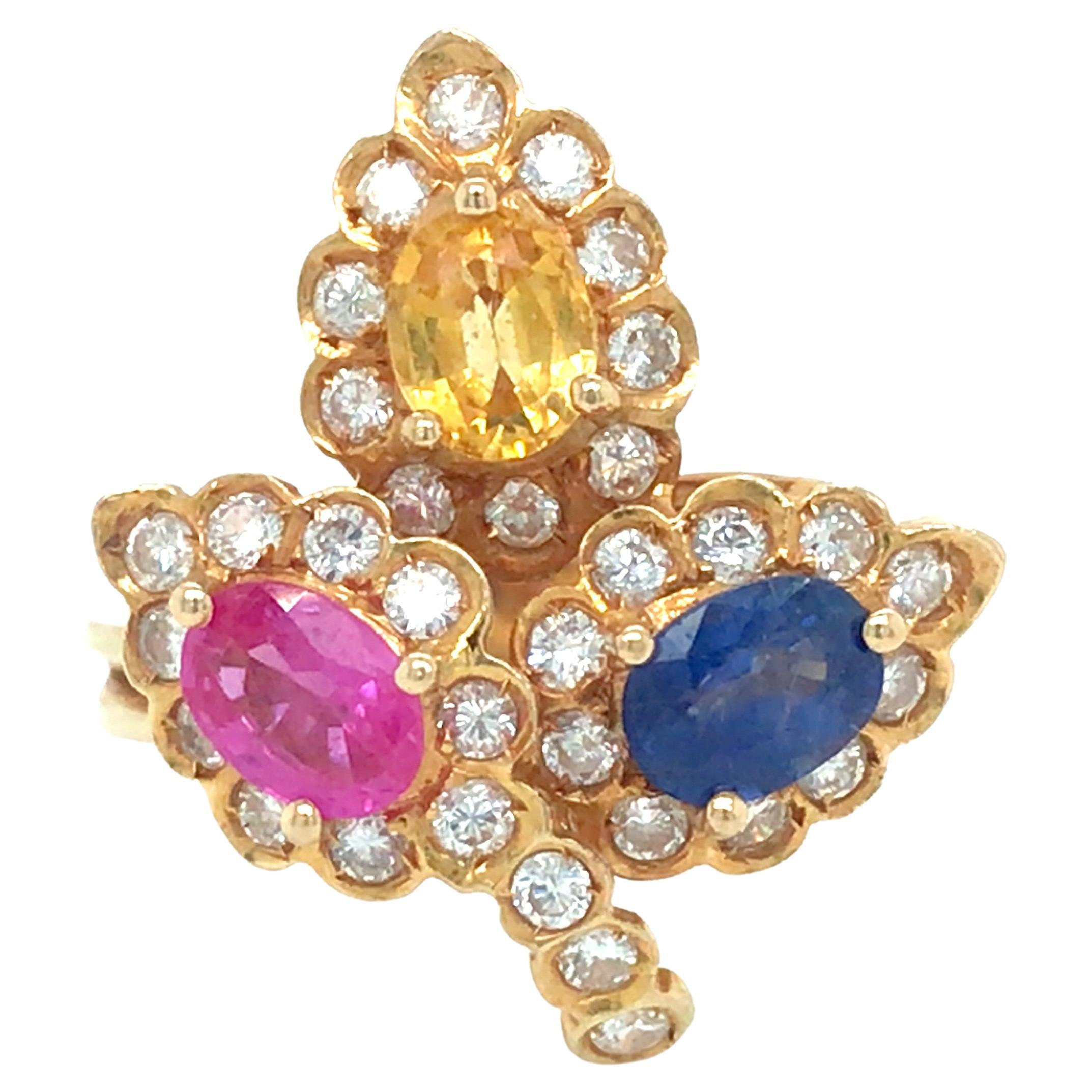 18K Sapphire Diamond Flower Cluster Ring Yellow Gold For Sale