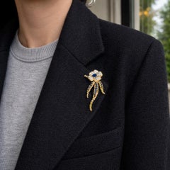 18K Sapphire Diamond Flower French Brooch 1970