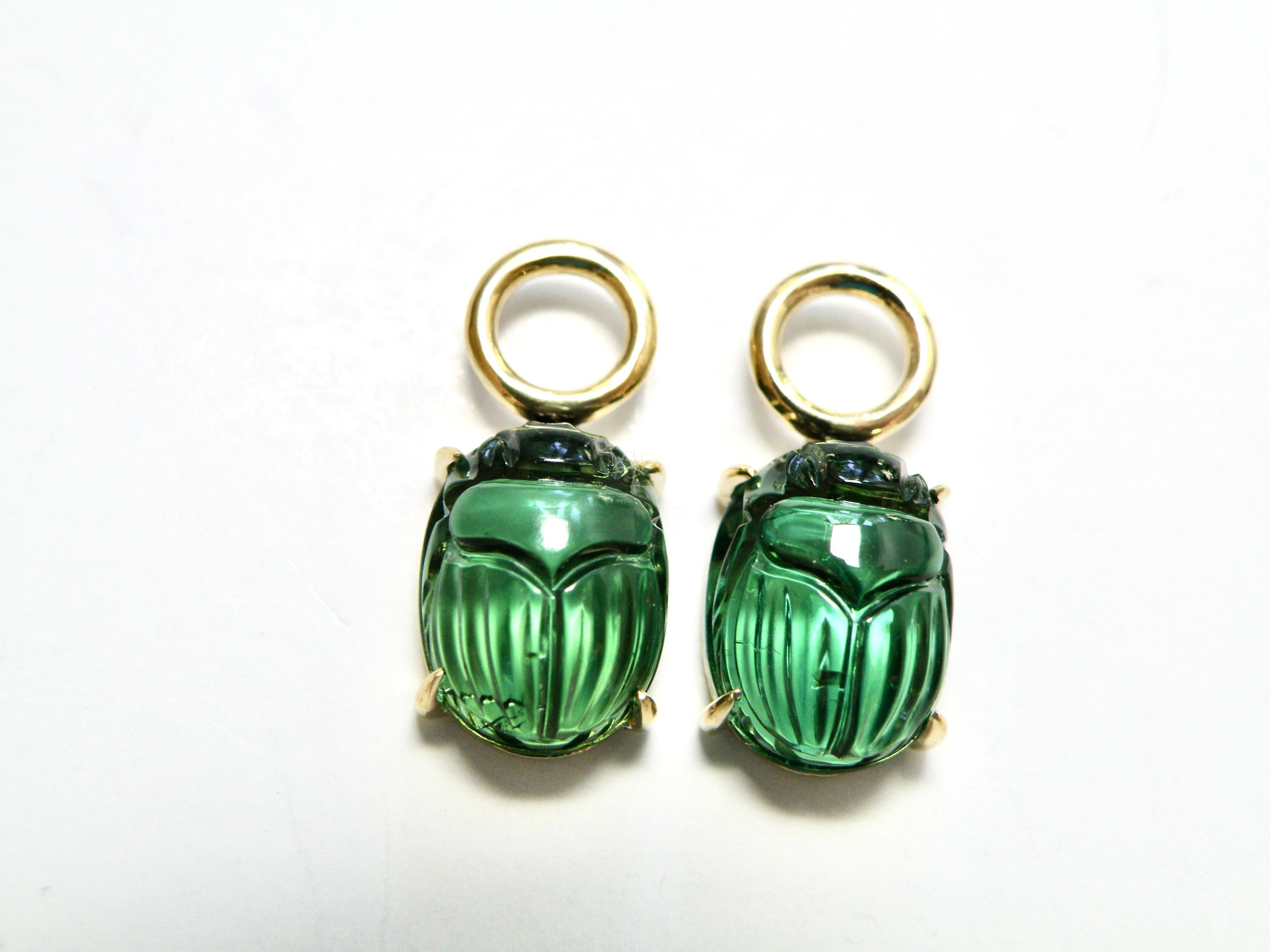 18 karat white sapphire huggies with green tourmaline hand carved drops by Idar Oberstein master carver