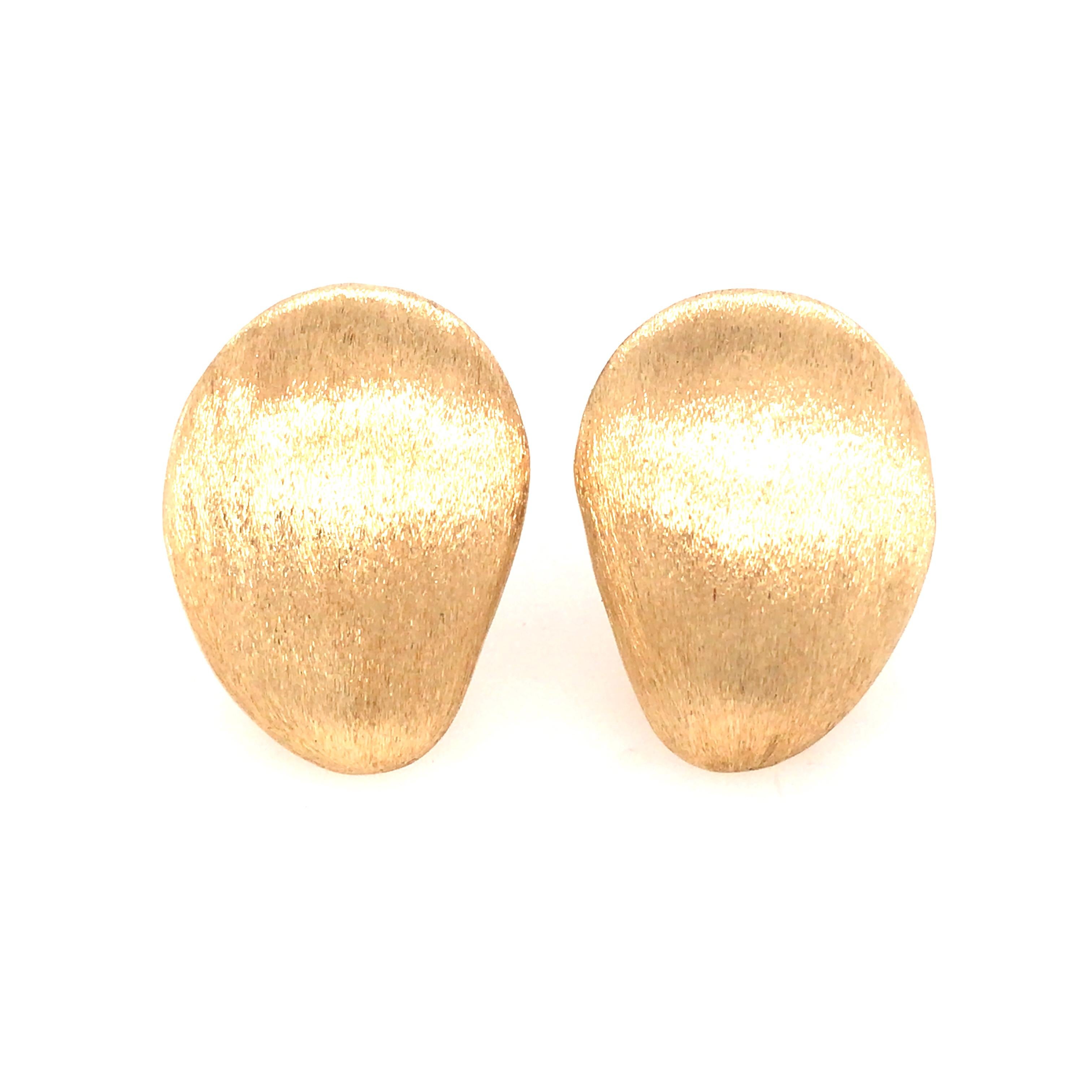 Satin Finish Jellybean Shape Earrings in 18K Yellow Gold.  The Earrings measure 1 inch in length and 3/4 inch in width.  18.81 grams.