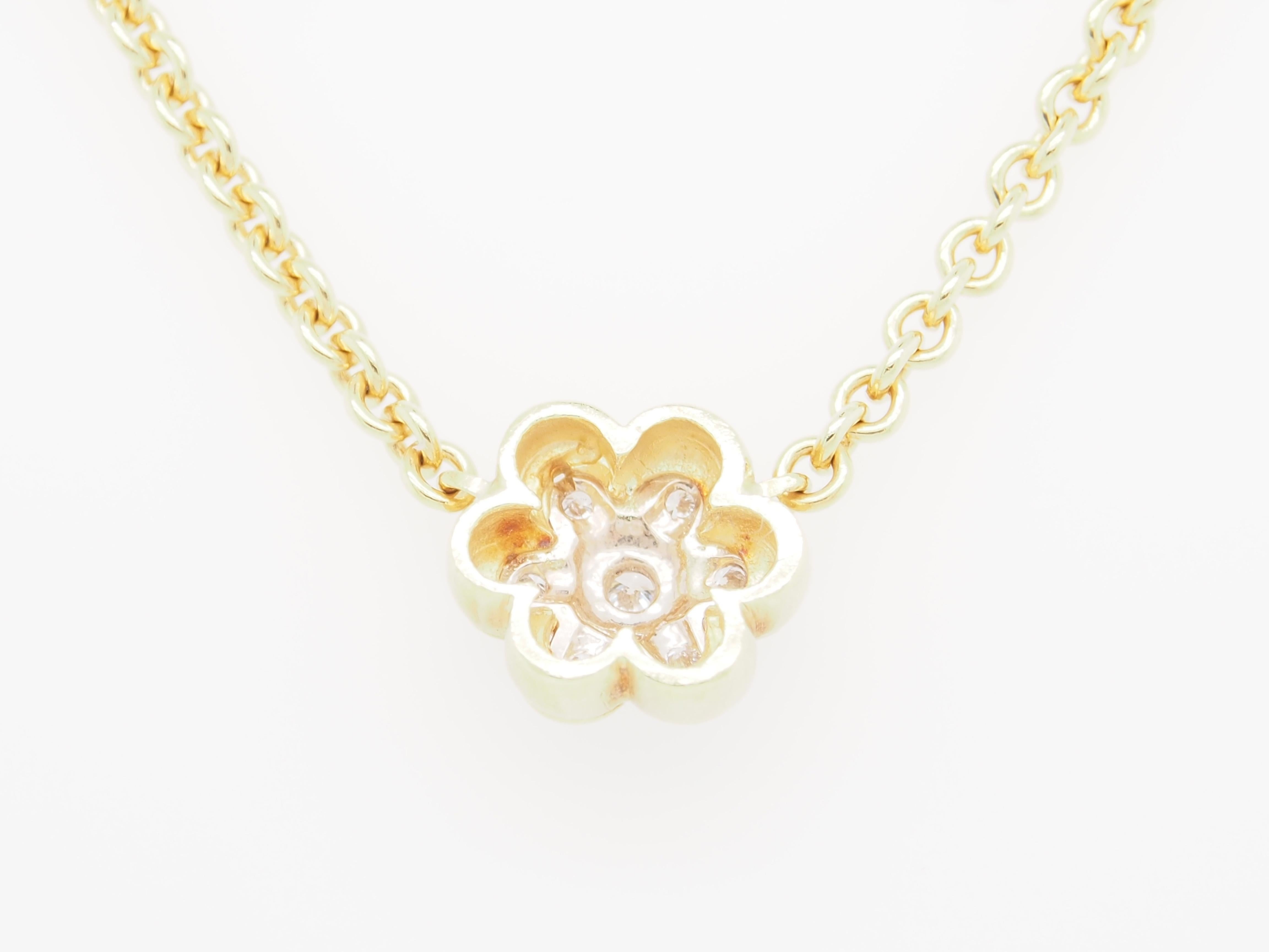 This is a delightful 18K Yellow Gold Necklace designed with (7) Round Brilliant Cut Diamond Cluster Flower, approximately 0.10ctw, G-H in Color, VS in Clarity. The Flower is 1/2 inch in diameter and is suspended from a stunning 16 inch Link Chain