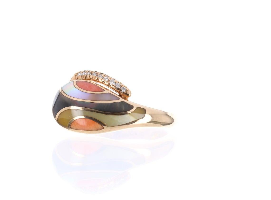 Featured here is a sleek, 18K gold, diamond and mother of pearl serpent ring. The head of the snake features numerous natural gemstones with earth tone colors. Mother of pearl highlights in three different tones along with salmon agate. The snake