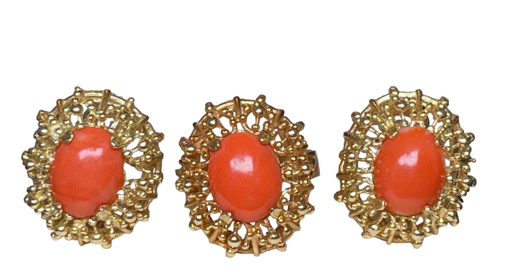 18K Set Of Corletto Coral Earrings And Cocktail Ring 14