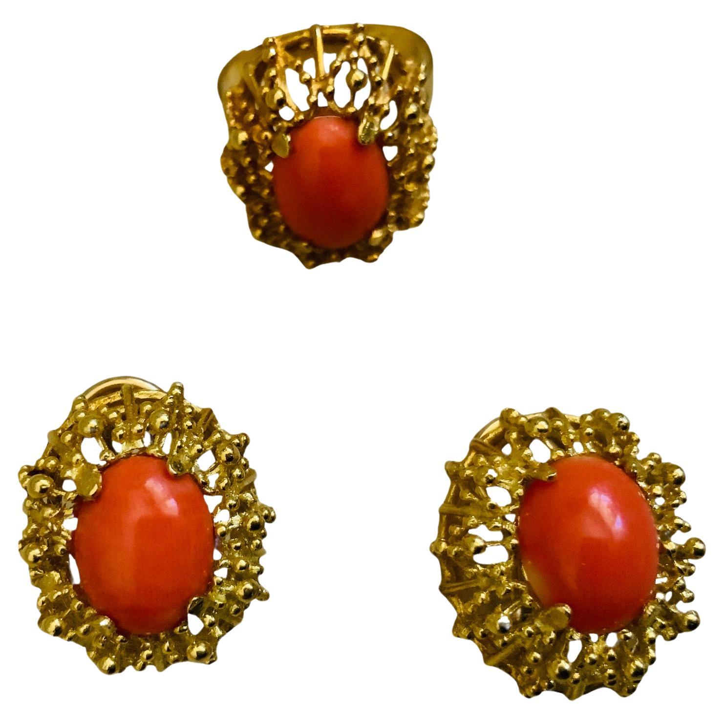 18K Set Of Corletto Coral Earrings And Cocktail Ring
