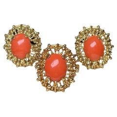 18K Set Of Corletto Coral Earrings And Cocktail Ring