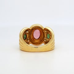 18K Shiny Yellow Gold Pink and Green Cabochon Tourmalines Three Stone Ring
