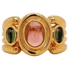 18K Shiny Yellow Gold Pink and Green Cabochon Tourmalines Three Stone Ring