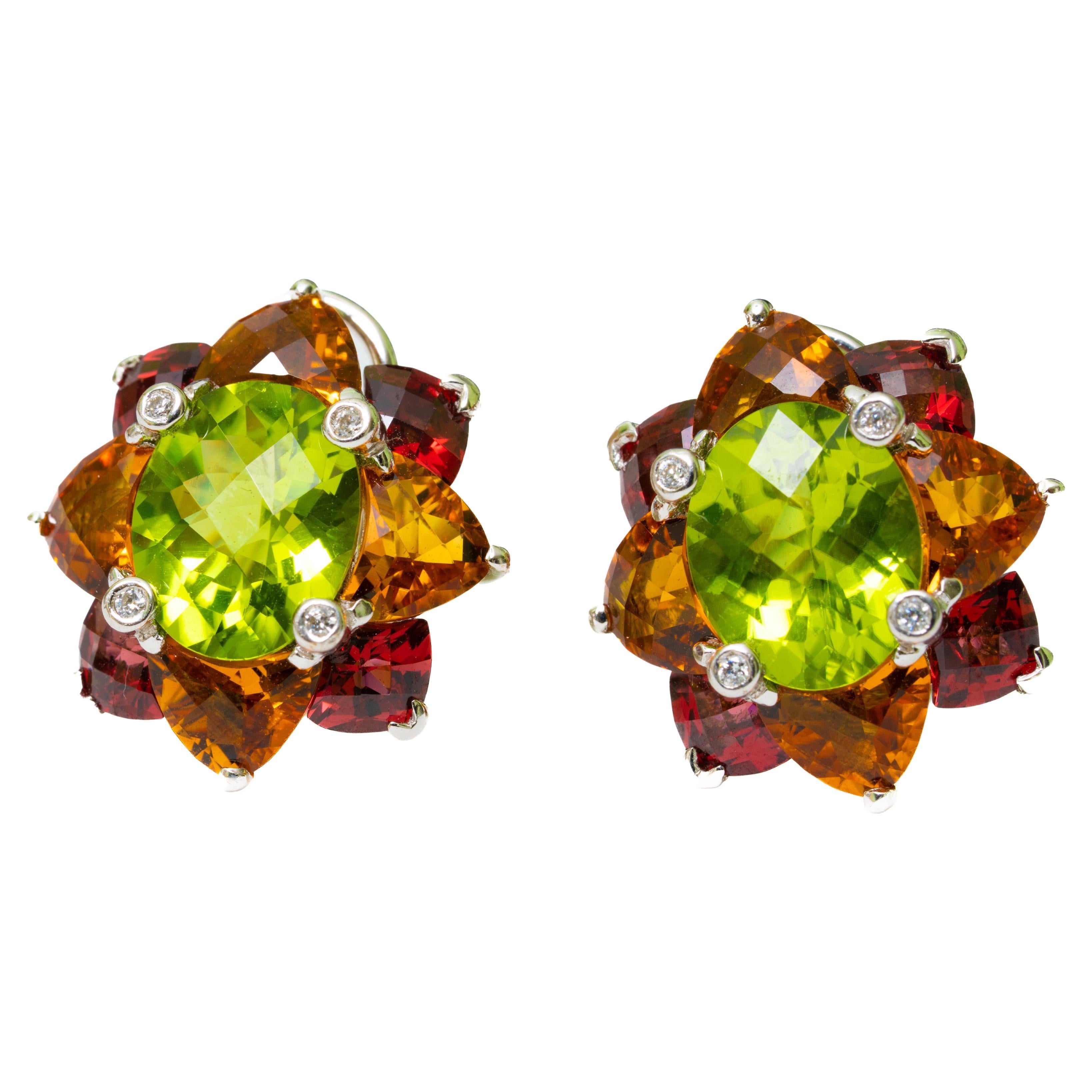 18k Signed Krementz White Gold, Diamond Peridot, Topaz and Citrine Earrings