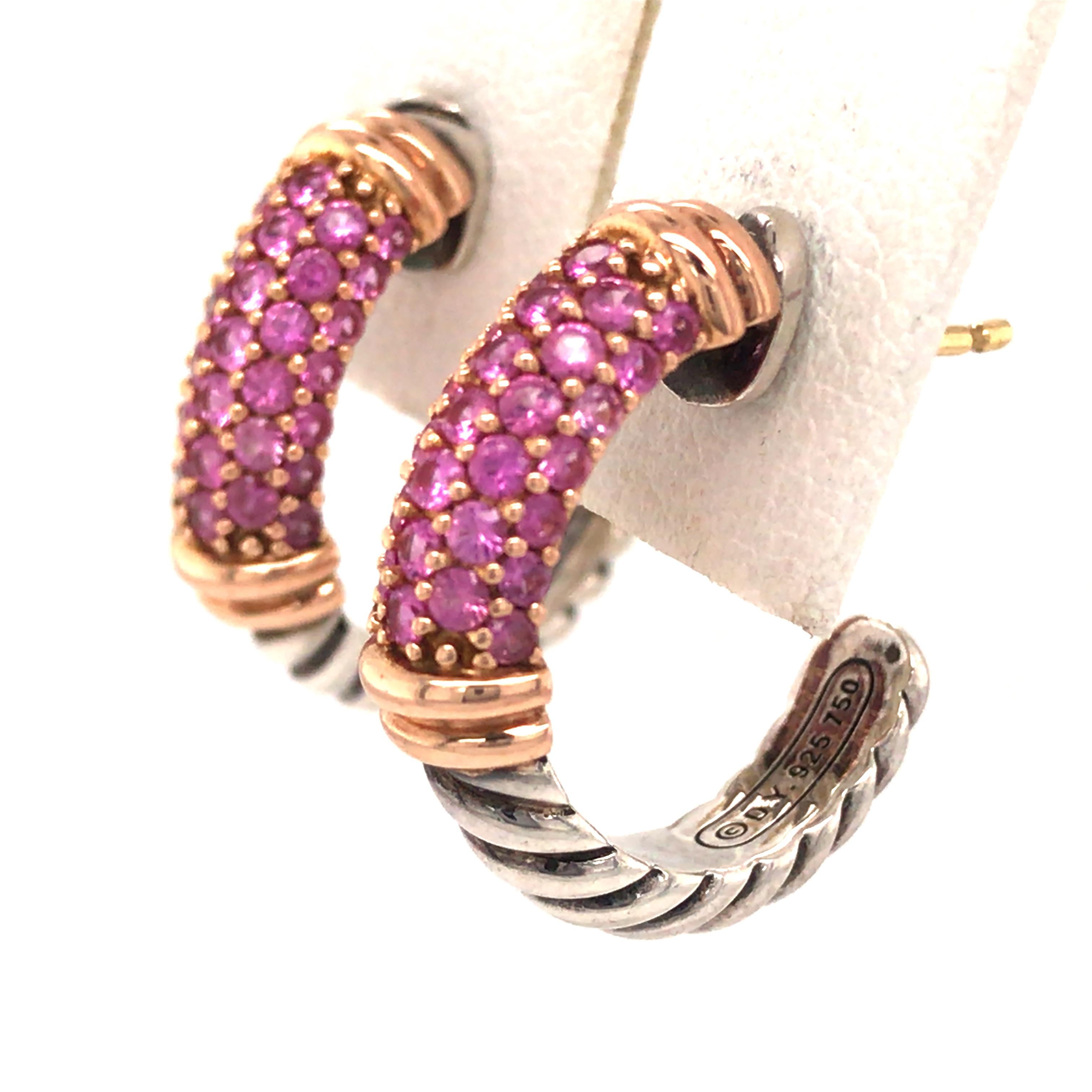 David Yurman Pink Sapphire Metro Hoop Earrings in Sterling & 18k Rose Gold.  (62) Round Pink Sapphires weighing approximately .65 carat total weight are expertly set.  The earrings are 1/4 inch in width and weigh 6.27 grams.  Stamped D.Y. 925 750.