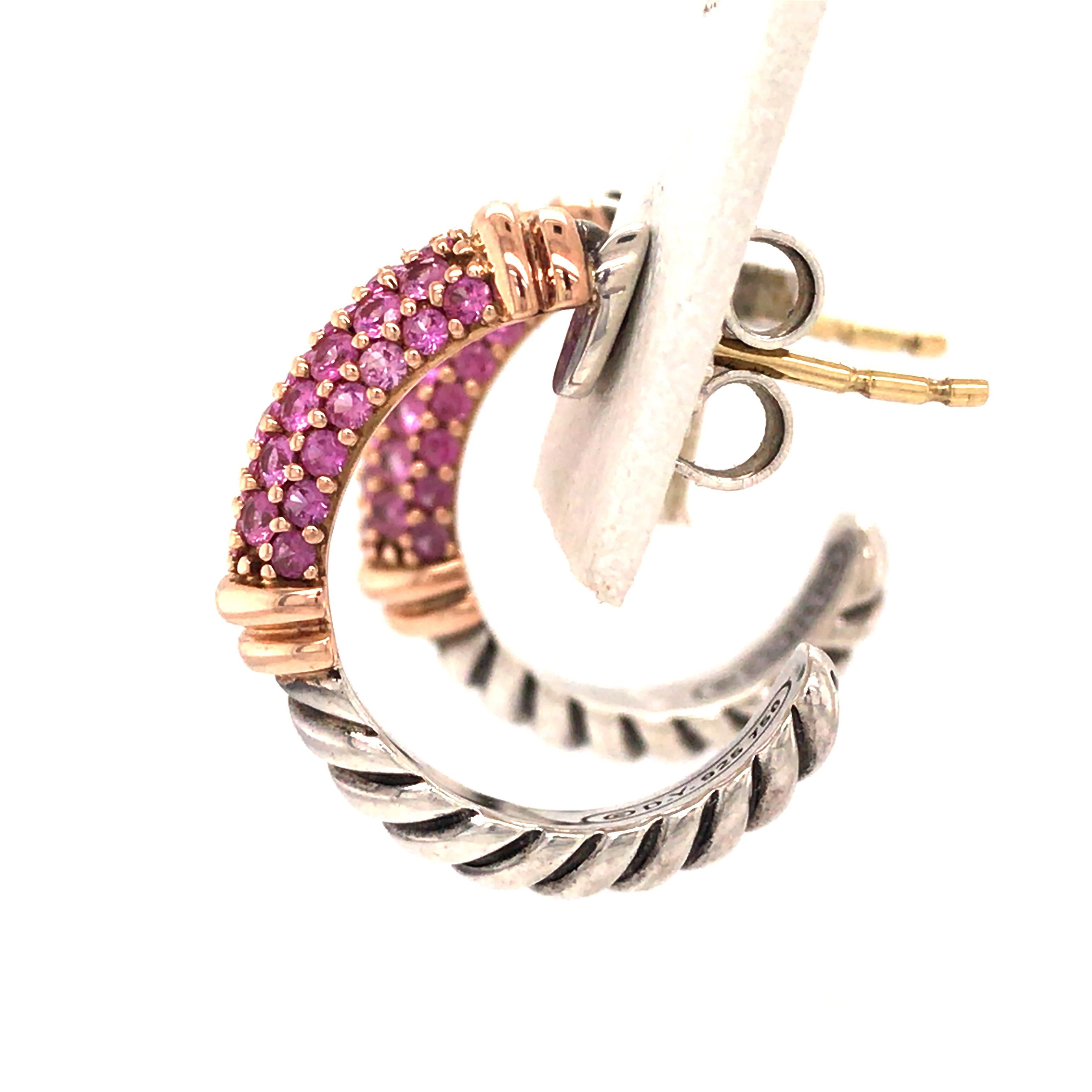 Round Cut 18 Karat Silver David Yurman Pink Sapphire Metro Hoop Earrings Rose Gold