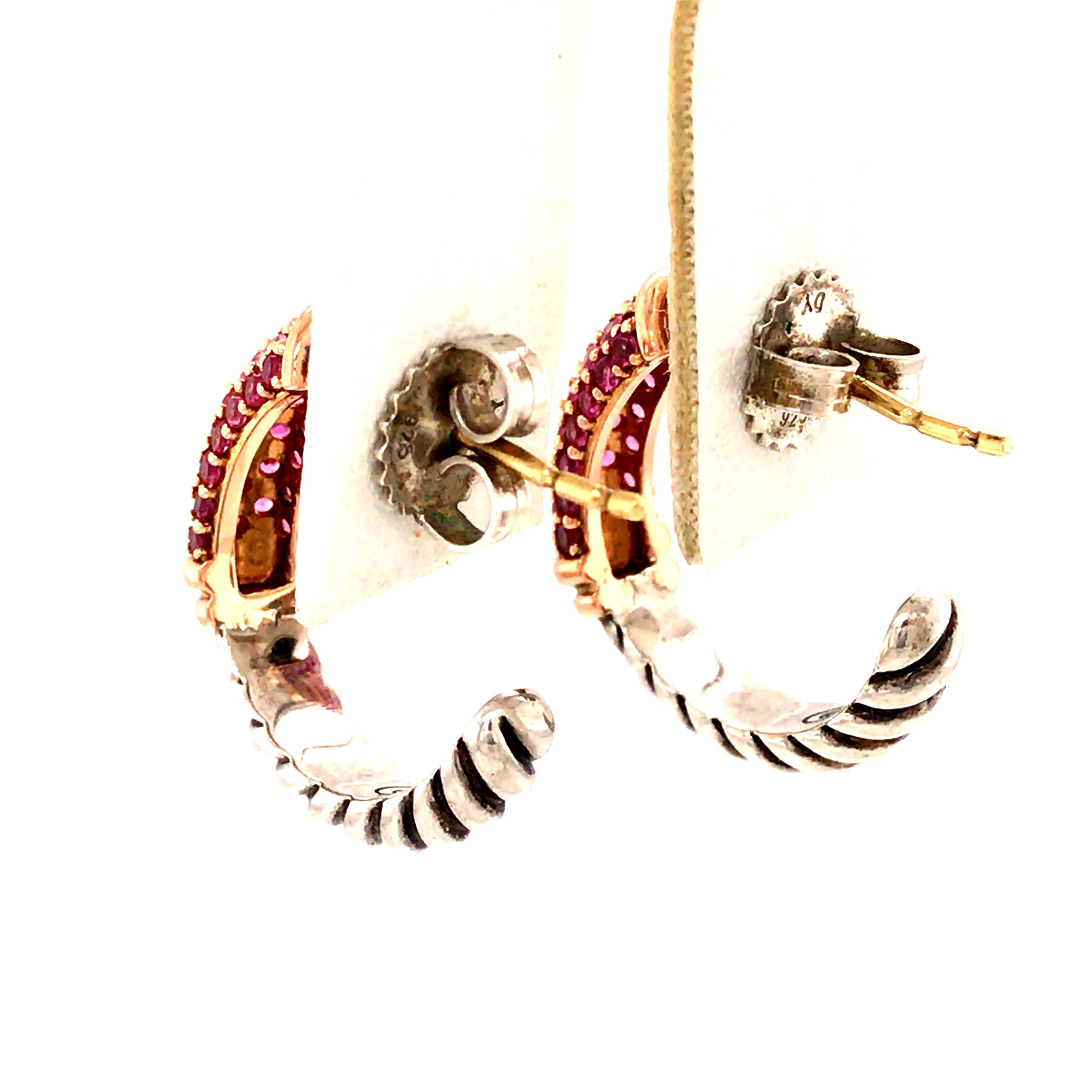18 Karat Silver David Yurman Pink Sapphire Metro Hoop Earrings Rose Gold In Good Condition In Boca Raton, FL