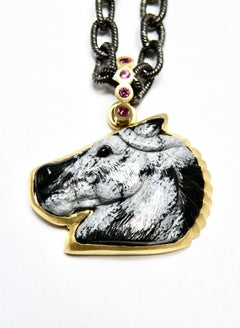 18K Silver Obsidian Horse Pendant