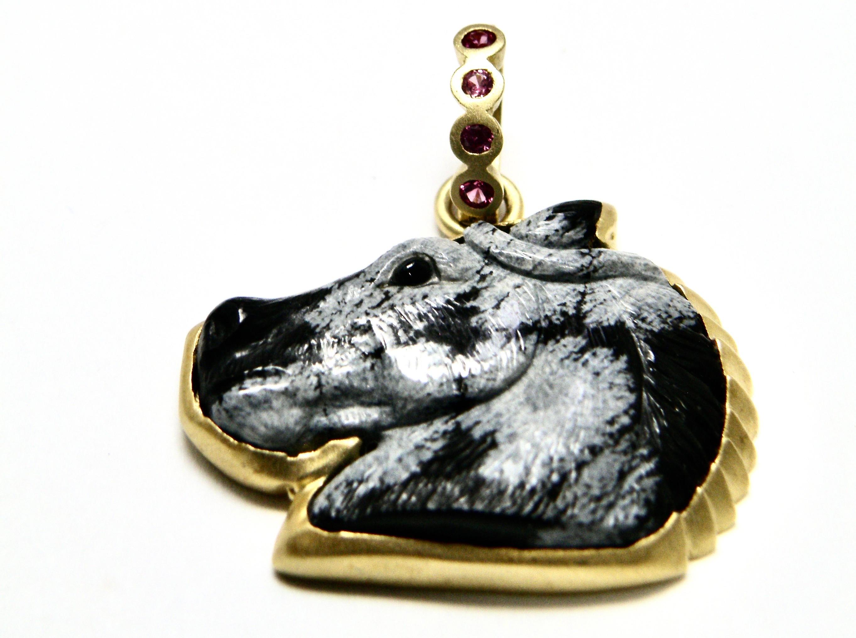 Contemporary 18K Silver Obsidian Horse Pendant For Sale