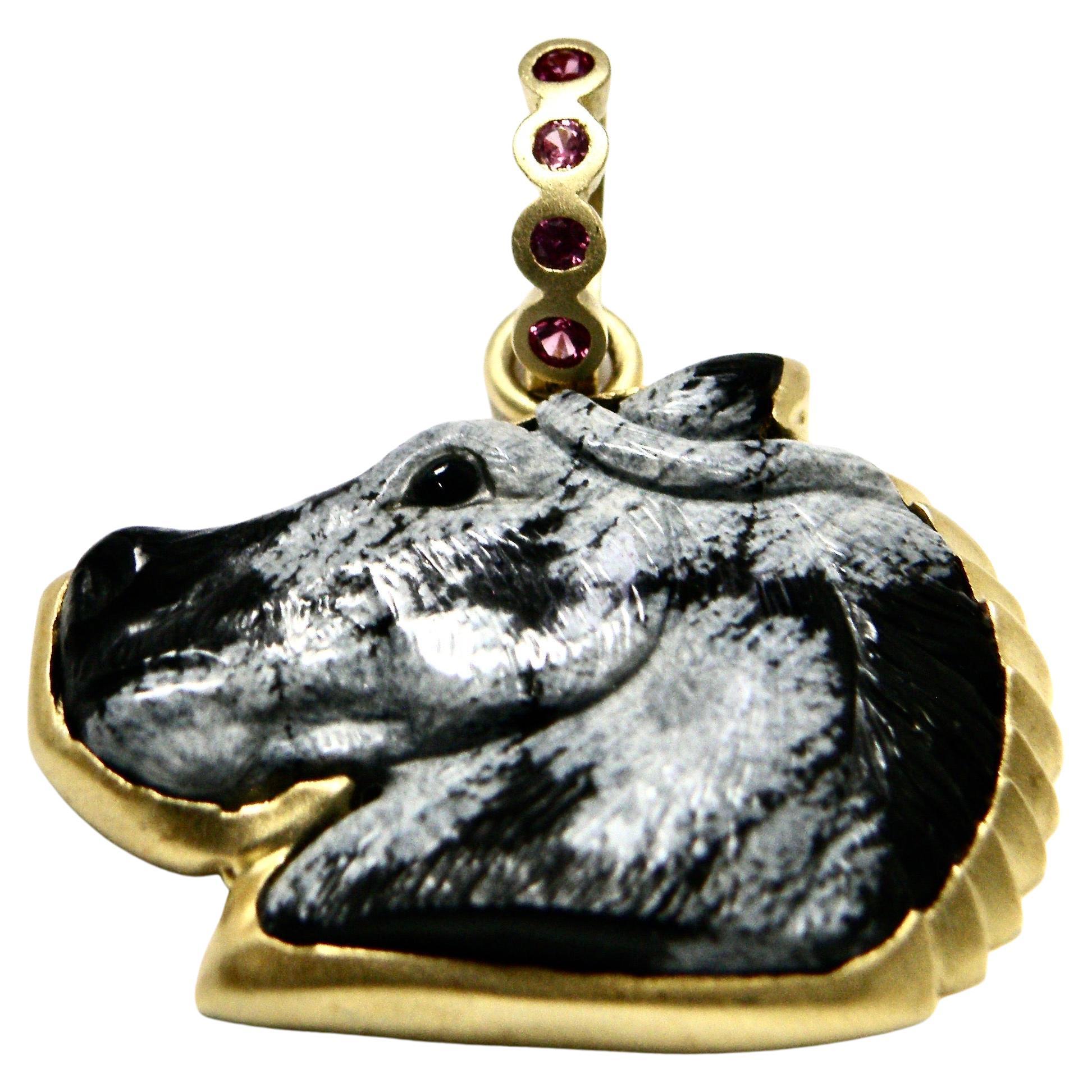 18K Silver Obsidian Horse Pendant For Sale