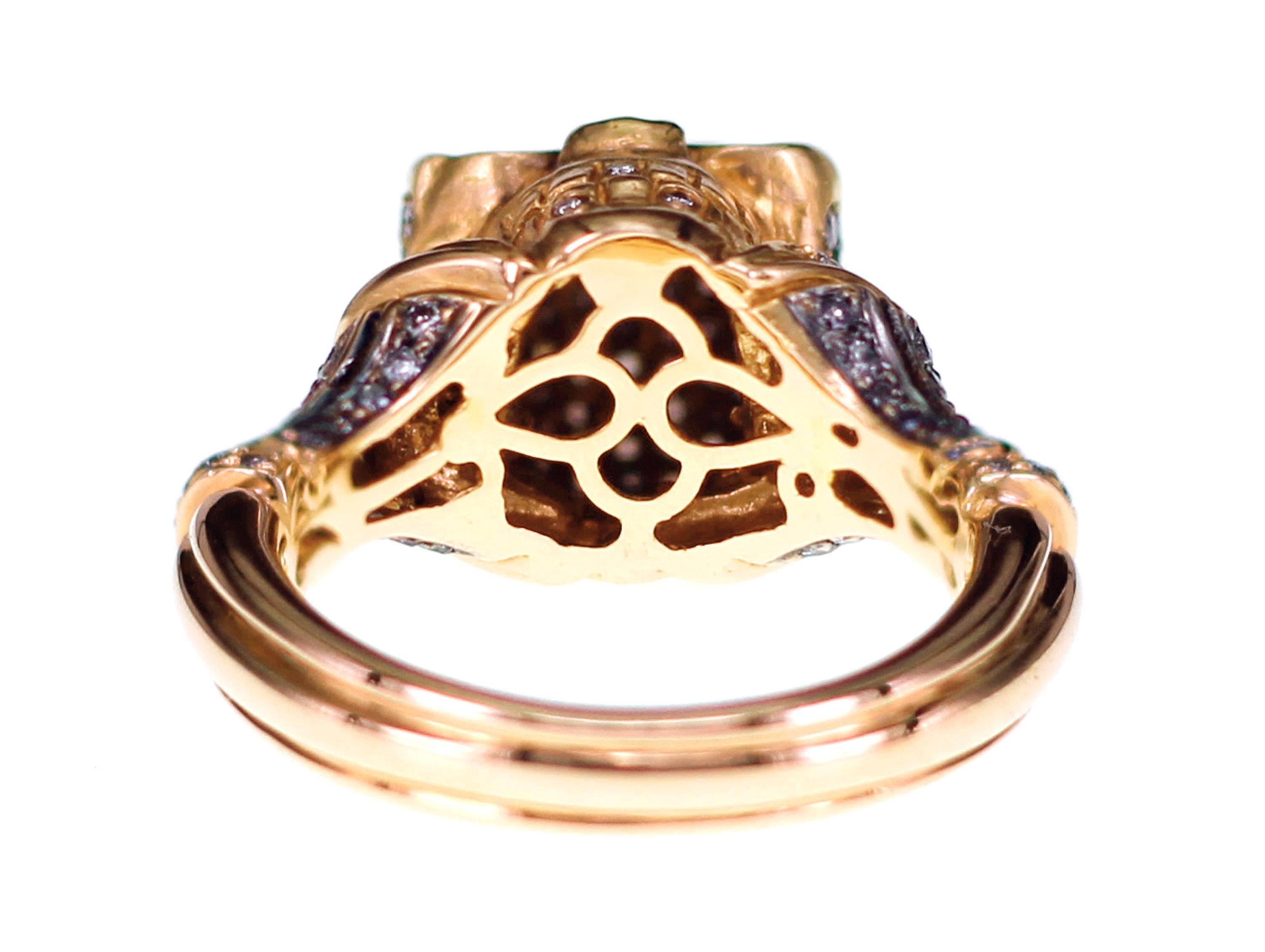 Round Cut 18 Karat Skull Ring with 1.26 Carat Natural Fancy Color Diamond For Sale