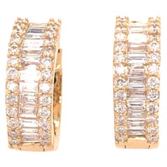 18K Small Round and Baguette Diamond Huggie Yellow Gold