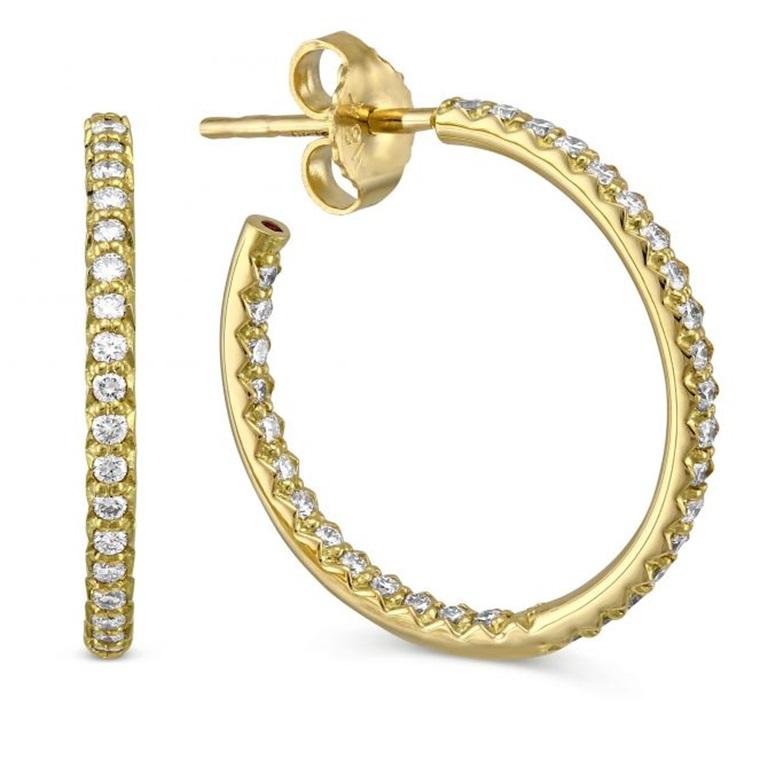18K Small Yellow Gold Inside Outside Diamond Hoop Earrings 000604AYERX0 In New Condition For Sale In Wilmington, DE