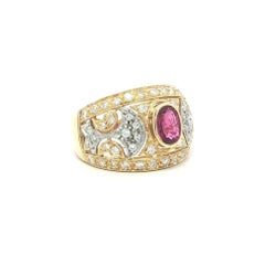 18k Solid Gold 1.35ct Bezel Oval Ruby Diamond Open Work Wide Cigar Band Ring