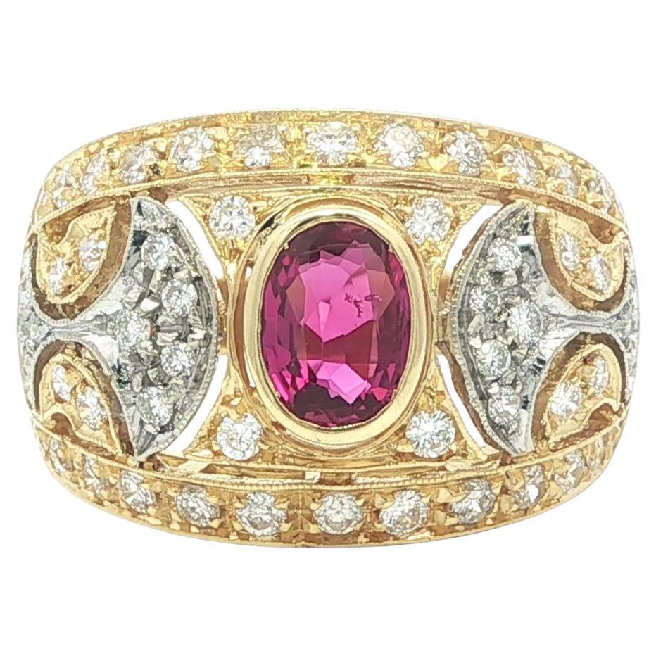 18k Solid Gold 1.35ct Bezel Oval Ruby Diamond Open Work Wide Cigar Band Ring