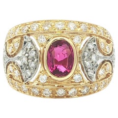 18k Solid Gold 1.35ct Bezel Oval Ruby Diamond Open Work Wide Cigar Band Ring