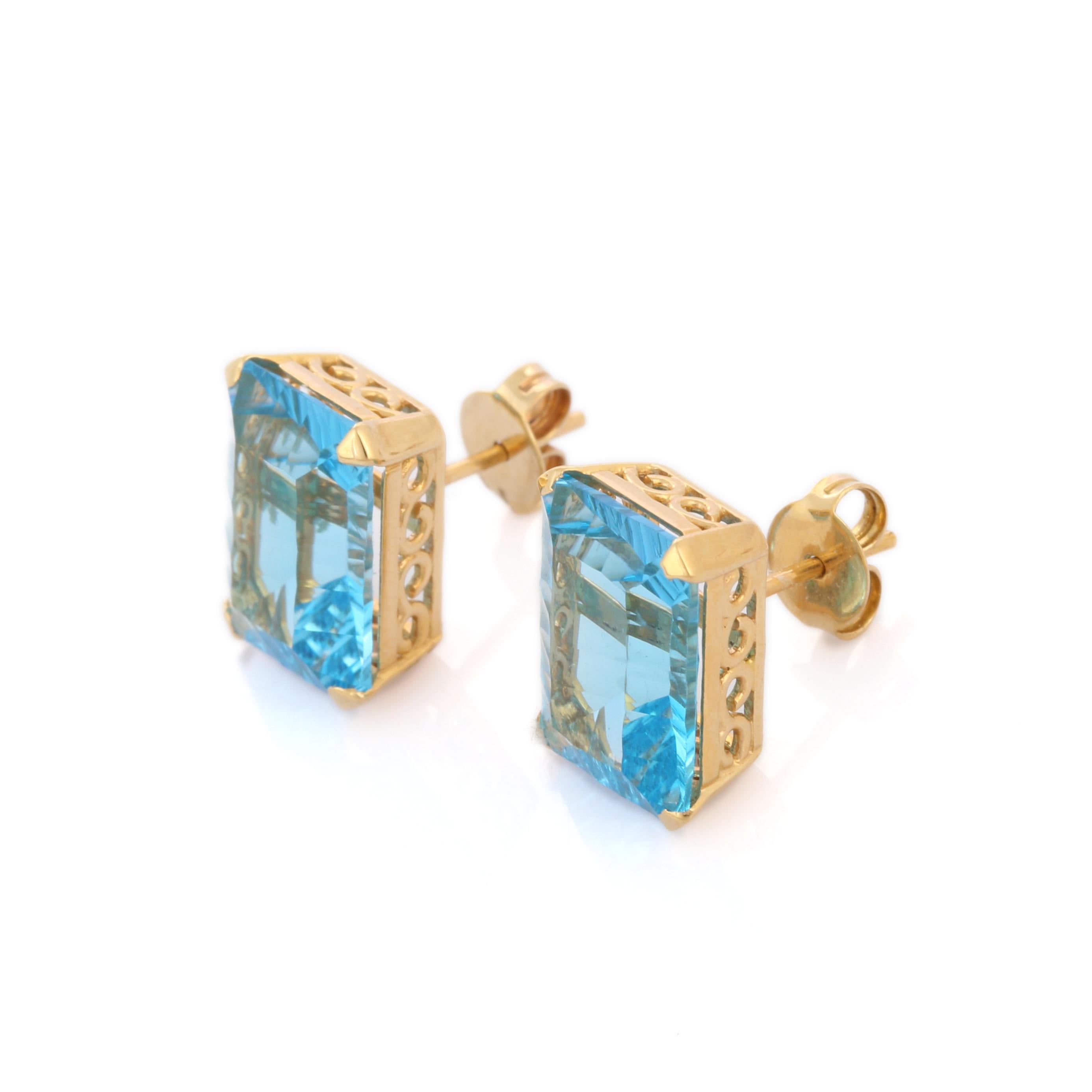 Earrings create a subtle beauty while showcasing the colors of the natural precious gemstones and illuminating diamonds making a statement.

Octagon cut Blue Topaz Stud earrings in 18K gold. Embrace your look with these stunning pair of earrings