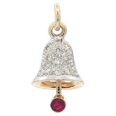 18k Solid Gold .20ctw Diamond 
Ruby Swinging Center Bell Charm Pendant