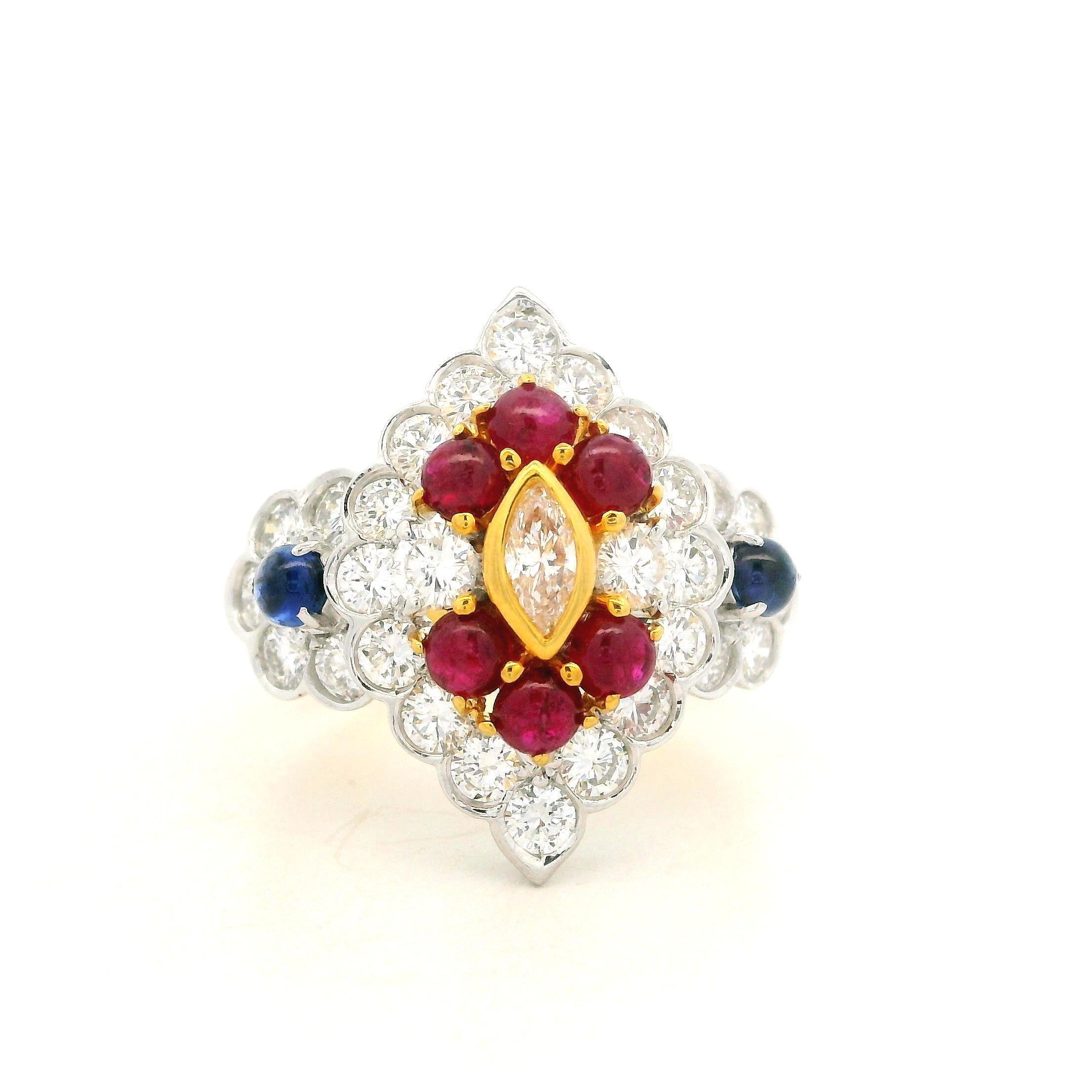 18 Karat massives Gold 2,89 Karat Cabochon Saphir Rubin & Diamant Navette Form Ring im Angebot 7