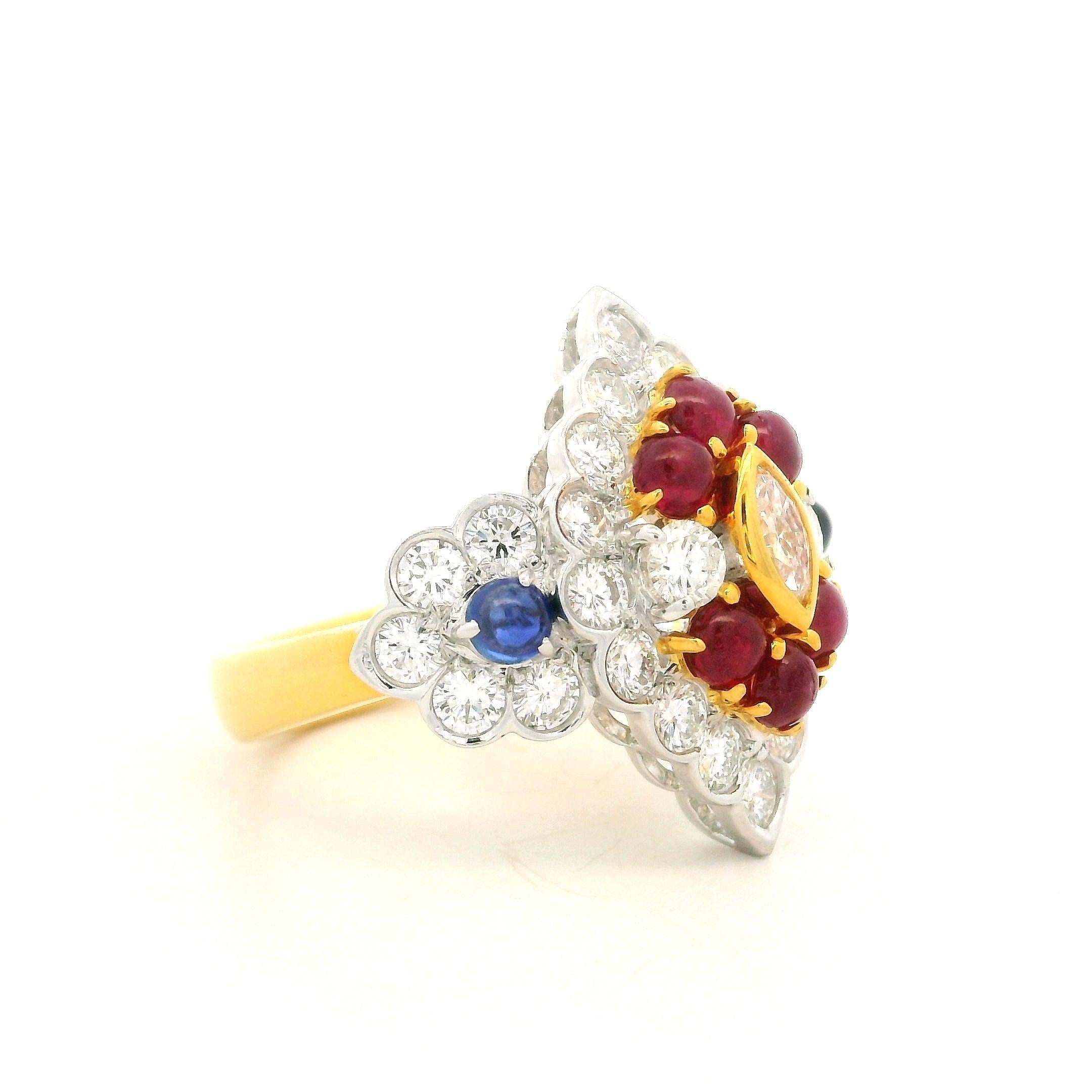 18 Karat massives Gold 2,89 Karat Cabochon Saphir Rubin & Diamant Navette Form Ring im Angebot 8