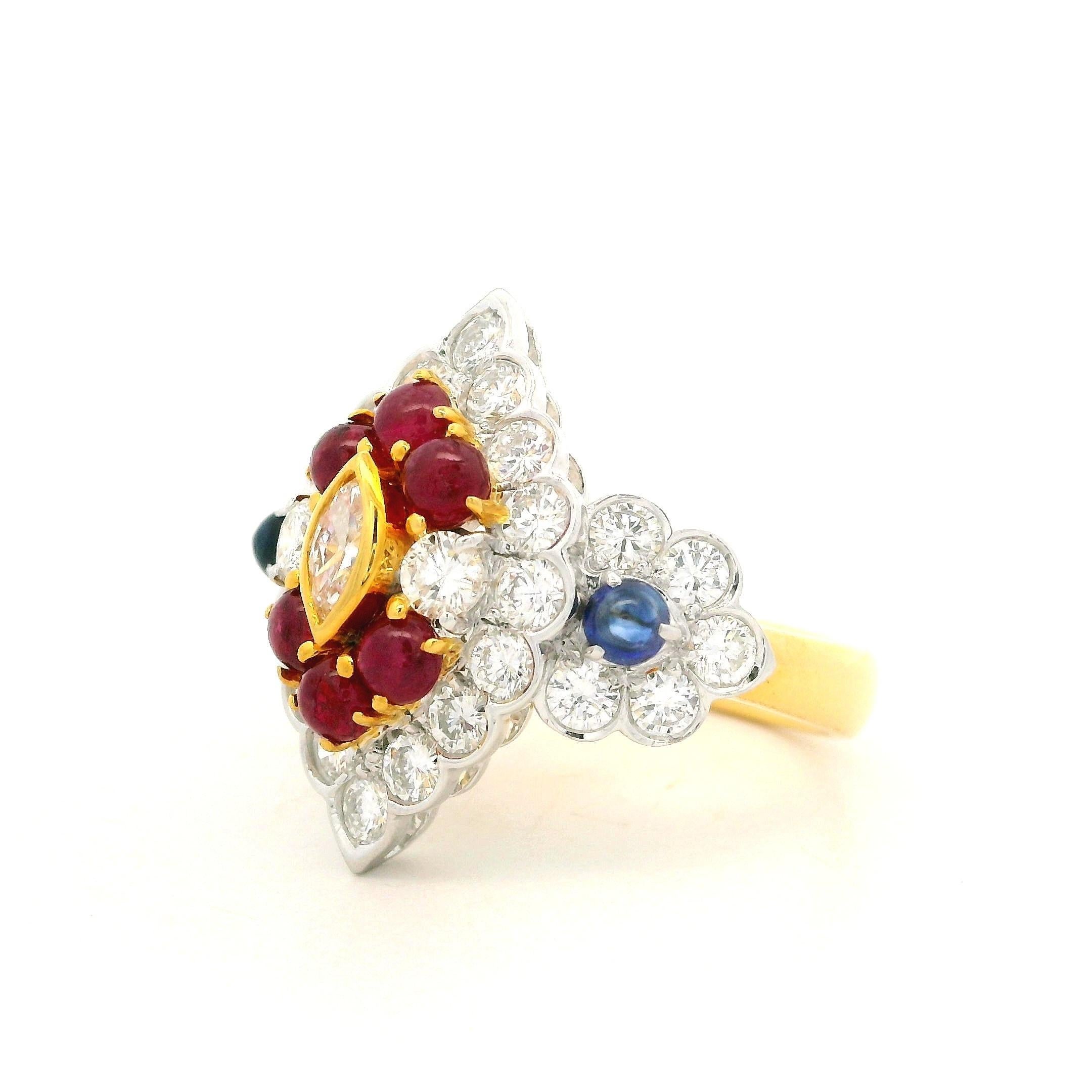 18 Karat massives Gold 2,89 Karat Cabochon Saphir Rubin & Diamant Navette Form Ring im Angebot 9