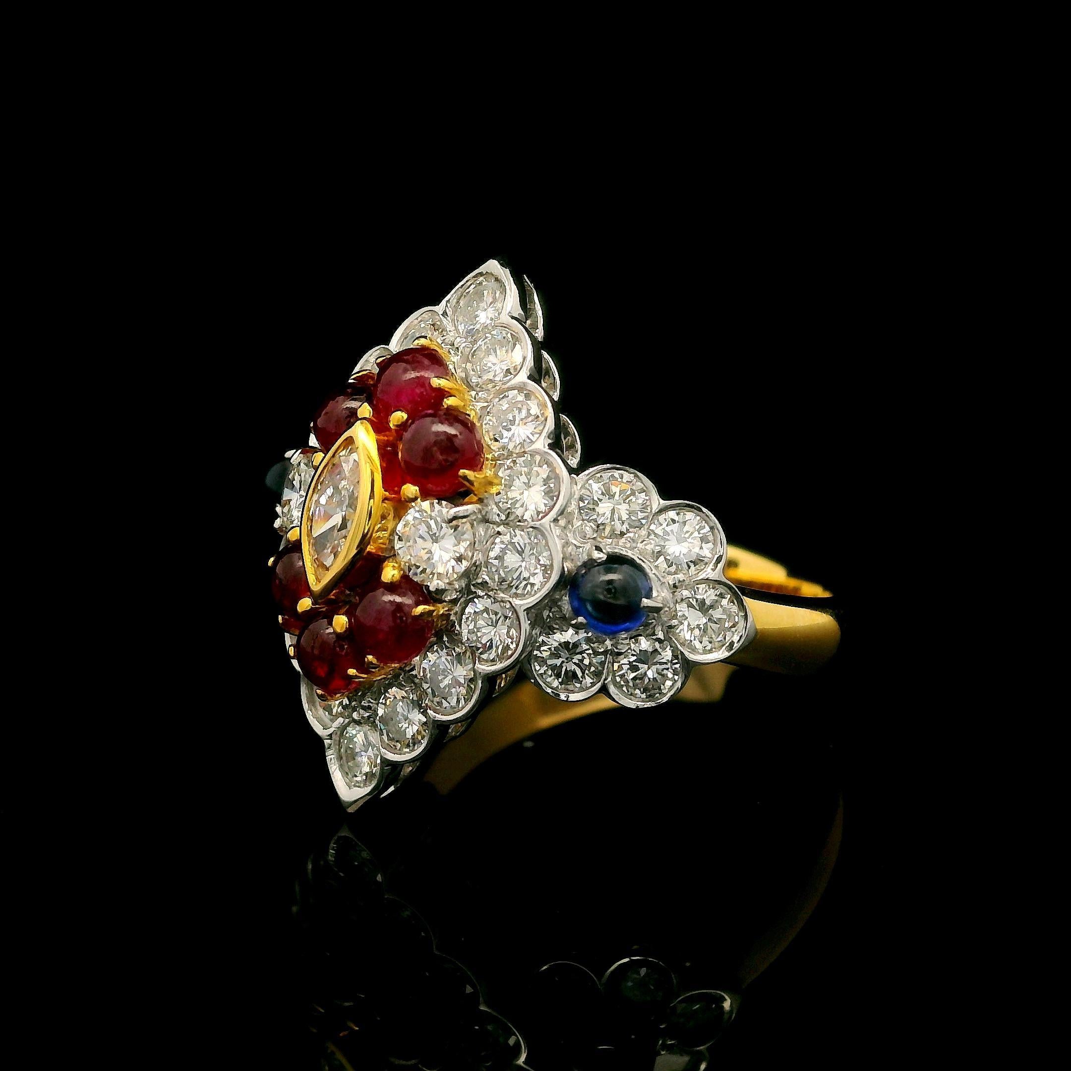 18 Karat massives Gold 2,89 Karat Cabochon Saphir Rubin & Diamant Navette Form Ring im Zustand „Hervorragend“ im Angebot in Montclair, NJ