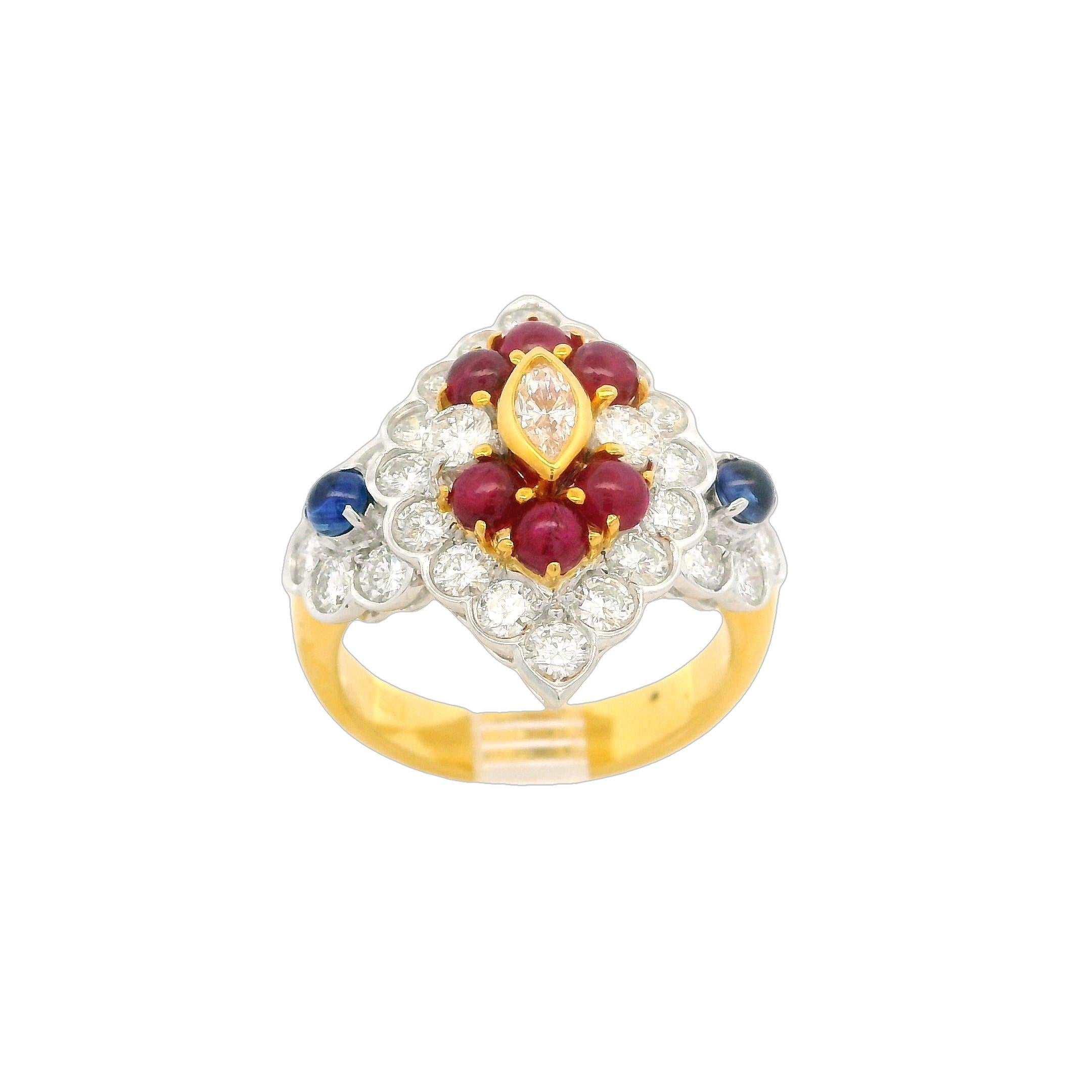 18 Karat massives Gold 2,89 Karat Cabochon Saphir Rubin & Diamant Navette Form Ring Damen im Angebot