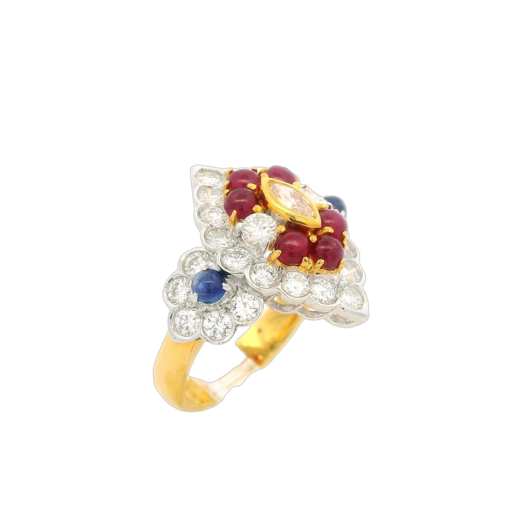 18 Karat massives Gold 2,89 Karat Cabochon Saphir Rubin & Diamant Navette Form Ring im Angebot 1