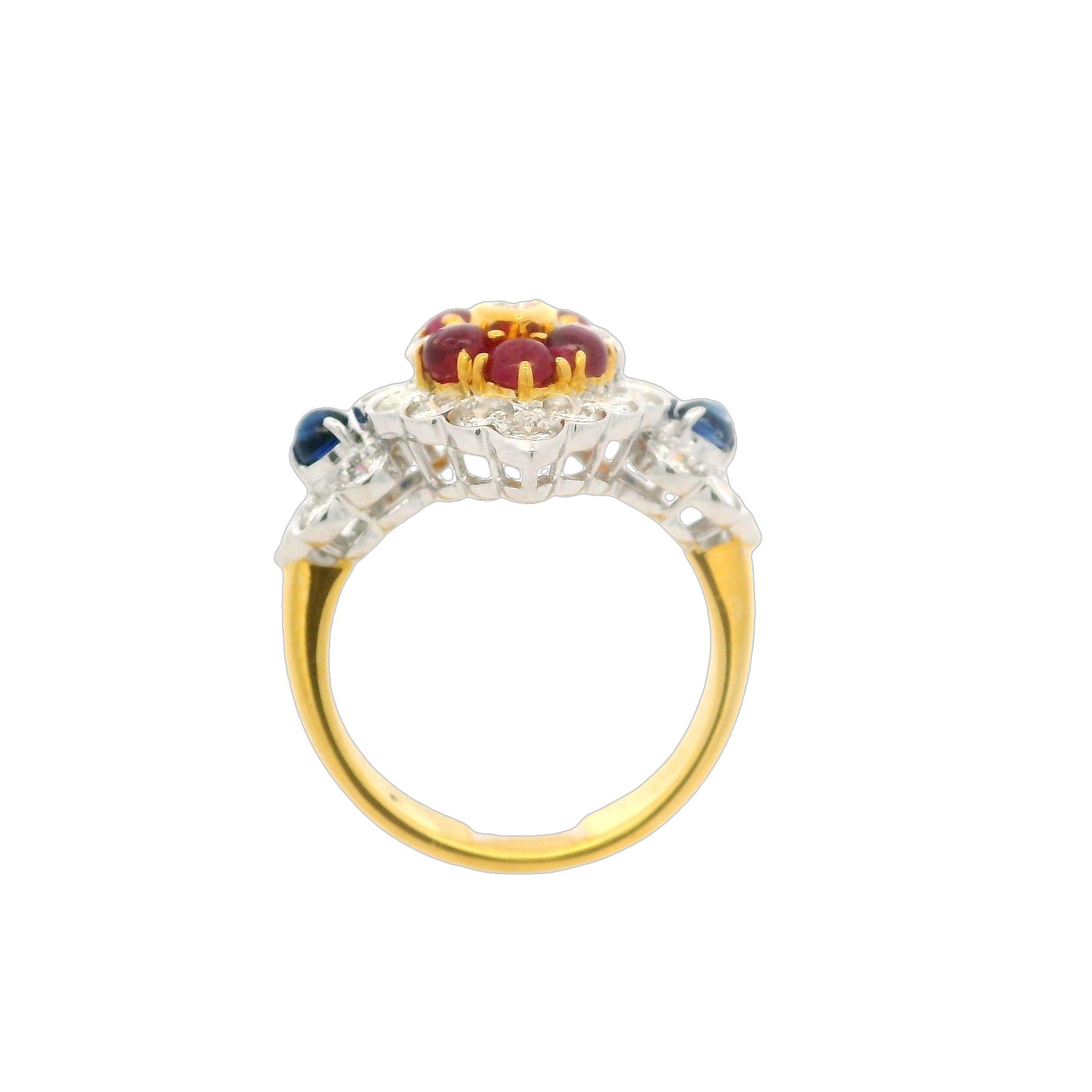 18 Karat massives Gold 2,89 Karat Cabochon Saphir Rubin & Diamant Navette Form Ring im Angebot 2
