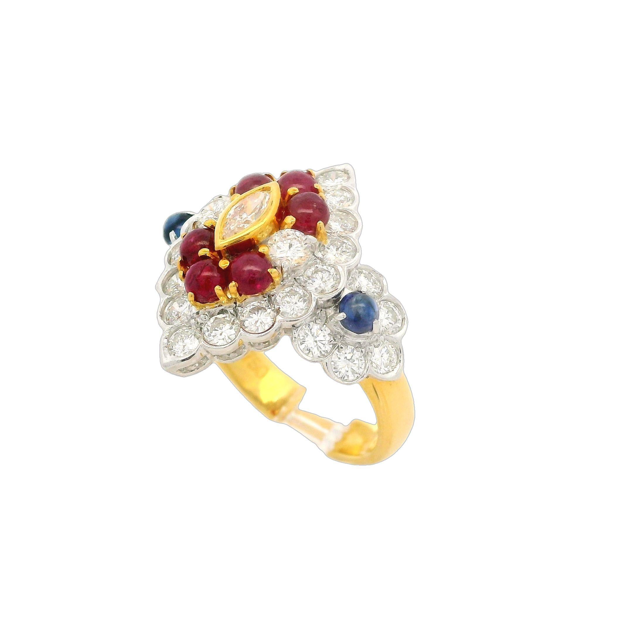 18 Karat massives Gold 2,89 Karat Cabochon Saphir Rubin & Diamant Navette Form Ring im Angebot 3