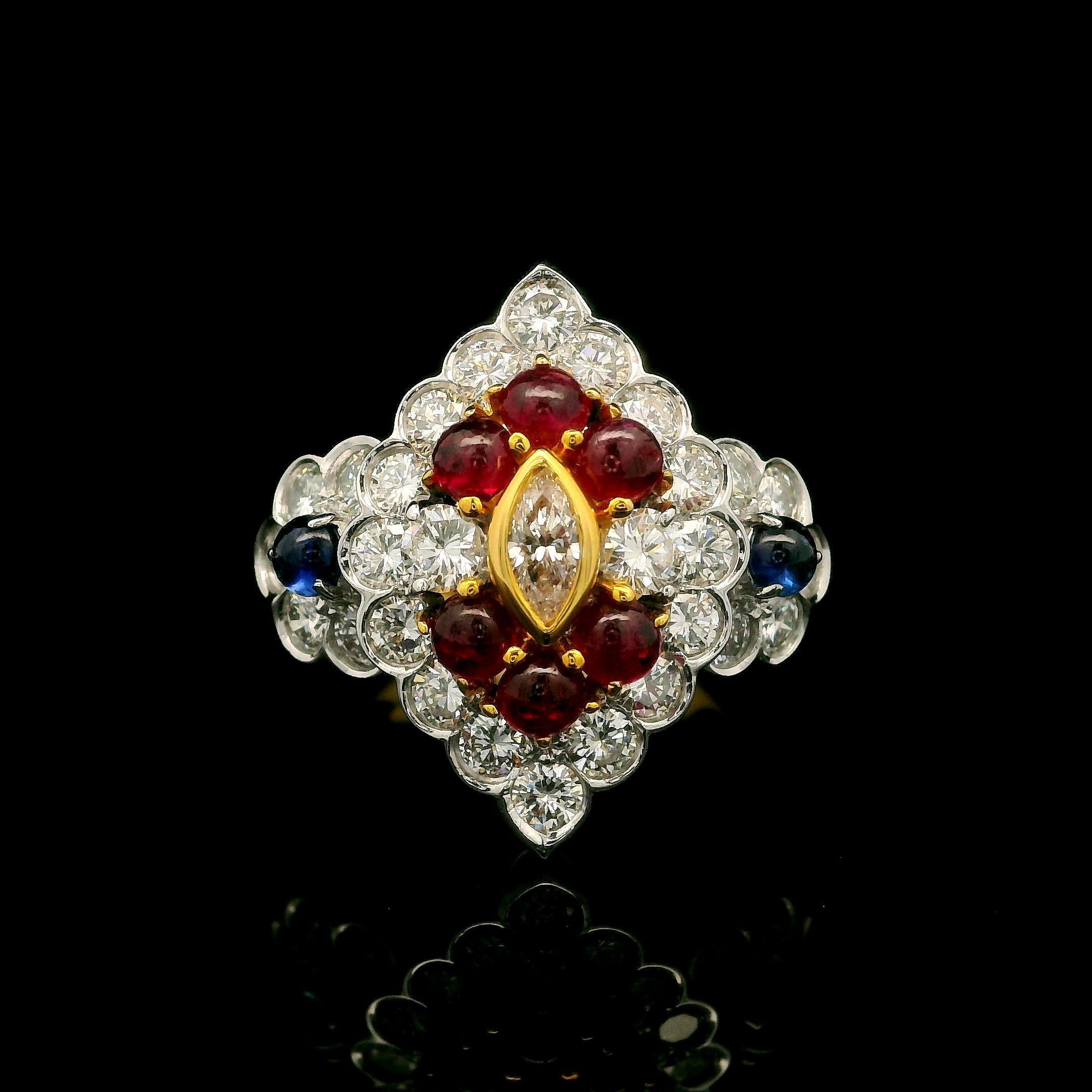 18 Karat massives Gold 2,89 Karat Cabochon Saphir Rubin & Diamant Navette Form Ring im Angebot 4