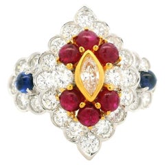 18k Solid Gold 2.89ctw Cabochon Sapphire Ruby & Diamond Navette Shape Ring