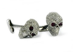 18 Karat Solid Gold and 3.5 Carat Diamond Skull Cufflinks w/Ruby Eyes 23.8 Grams