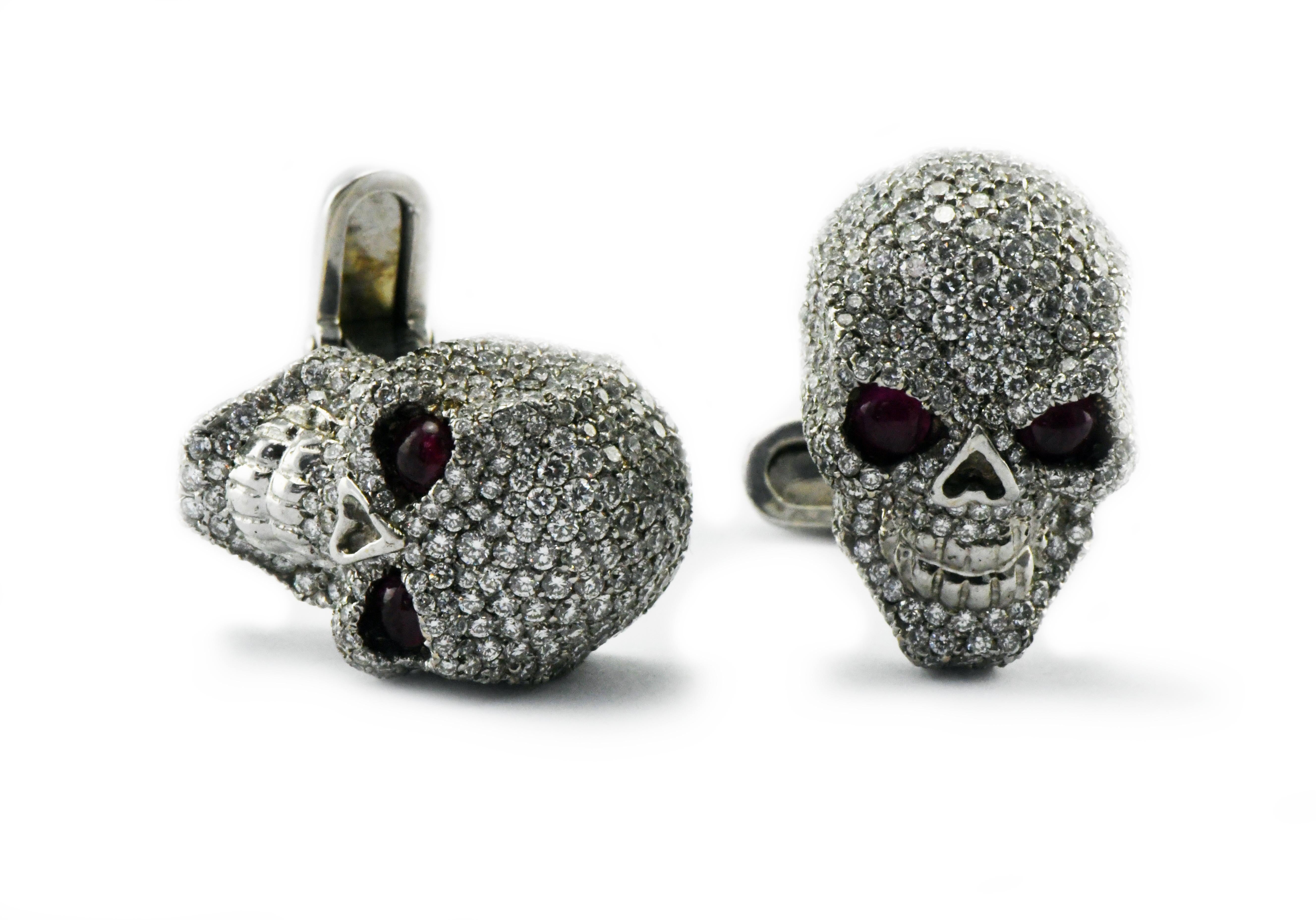 Neoclassical 18 Karat Solid Gold and 3.5 Carat Diamond Skull Cufflinks w/Ruby Eyes 23.8 Grams For Sale