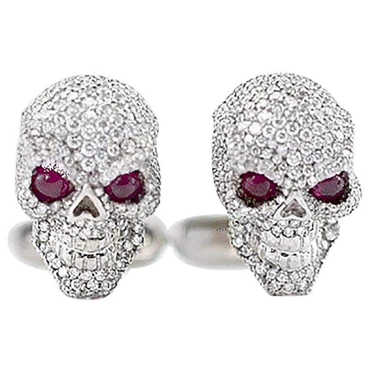 18 Karat Solid Gold and 3.5 Carat Diamond Skull Cufflinks w/Ruby Eyes 23.8 Grams For Sale
