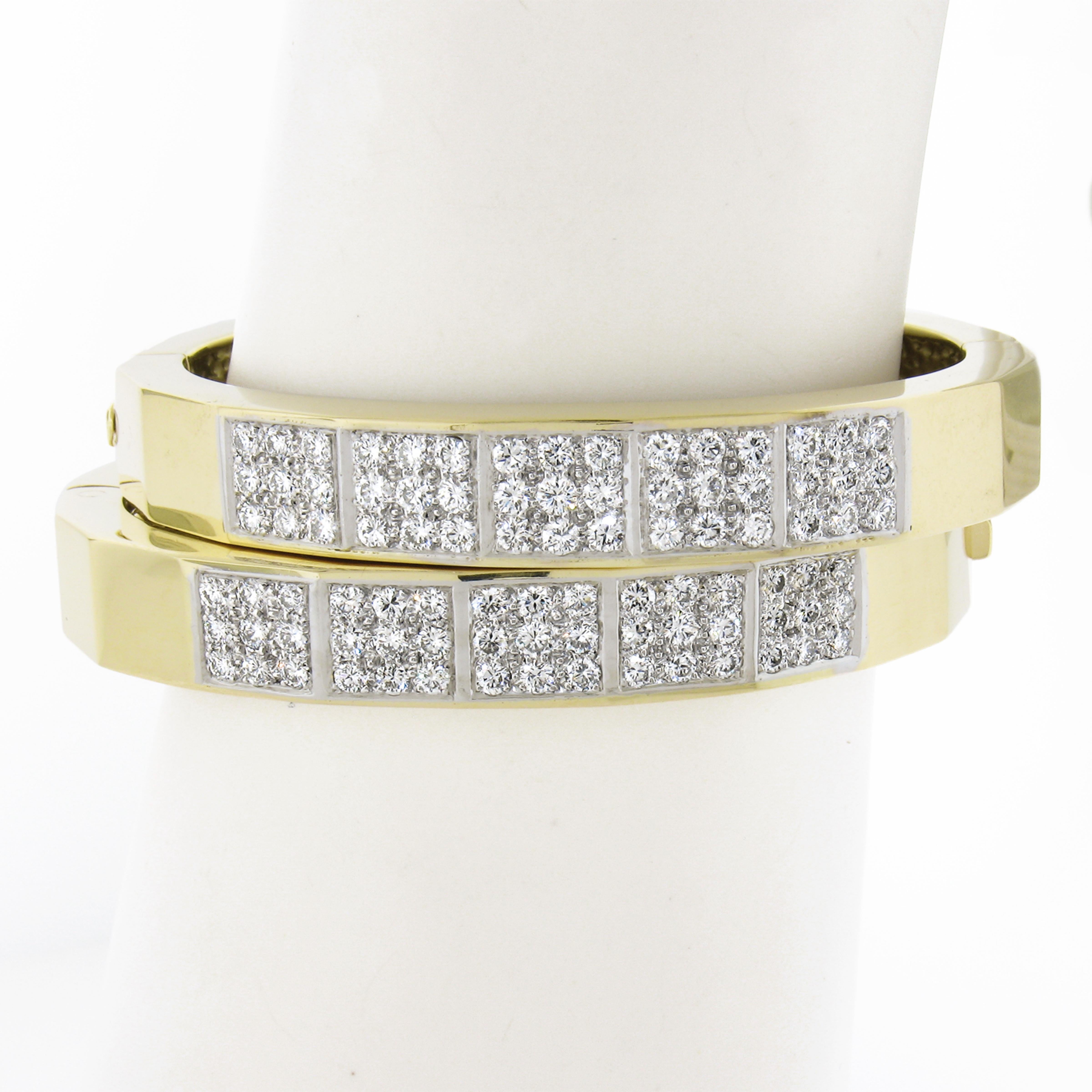 --Stone(s):--
(90) Natural Genuine Diamonds- Round Brilliant Cut - Pave Set - G/H Color - VS1/VS2 Clarity - 4.50-5ctw (approx. for the pair)

Material: Solid 18k Yellow Gold w/ White Gold Top
Weight: 90.18 Grams (weight for pair)
Size: Will