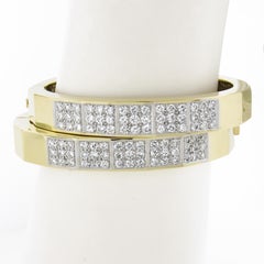 18k Solid Gold 5ct Diamond Geometric Pair 2 Hinged Open Wide Bangle Bracelets