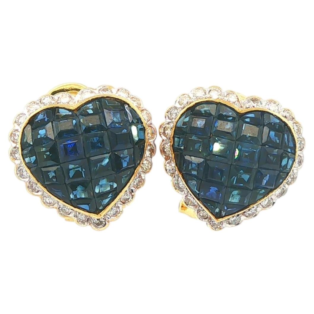 18k Solid Gold 6.45ctw Invisible Set Sapphire Diamond Heart Omega Earrings