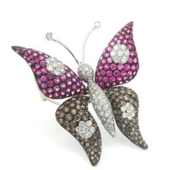 18k Solid Gold 7.25ctw White Fancy Brown Diamond Pink Sapphire Butterfly Brooch