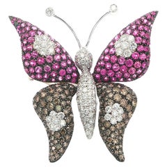18k Solid Gold 7.25ctw White Fancy Brown Diamond Pink Sapphire Butterfly Brooch
