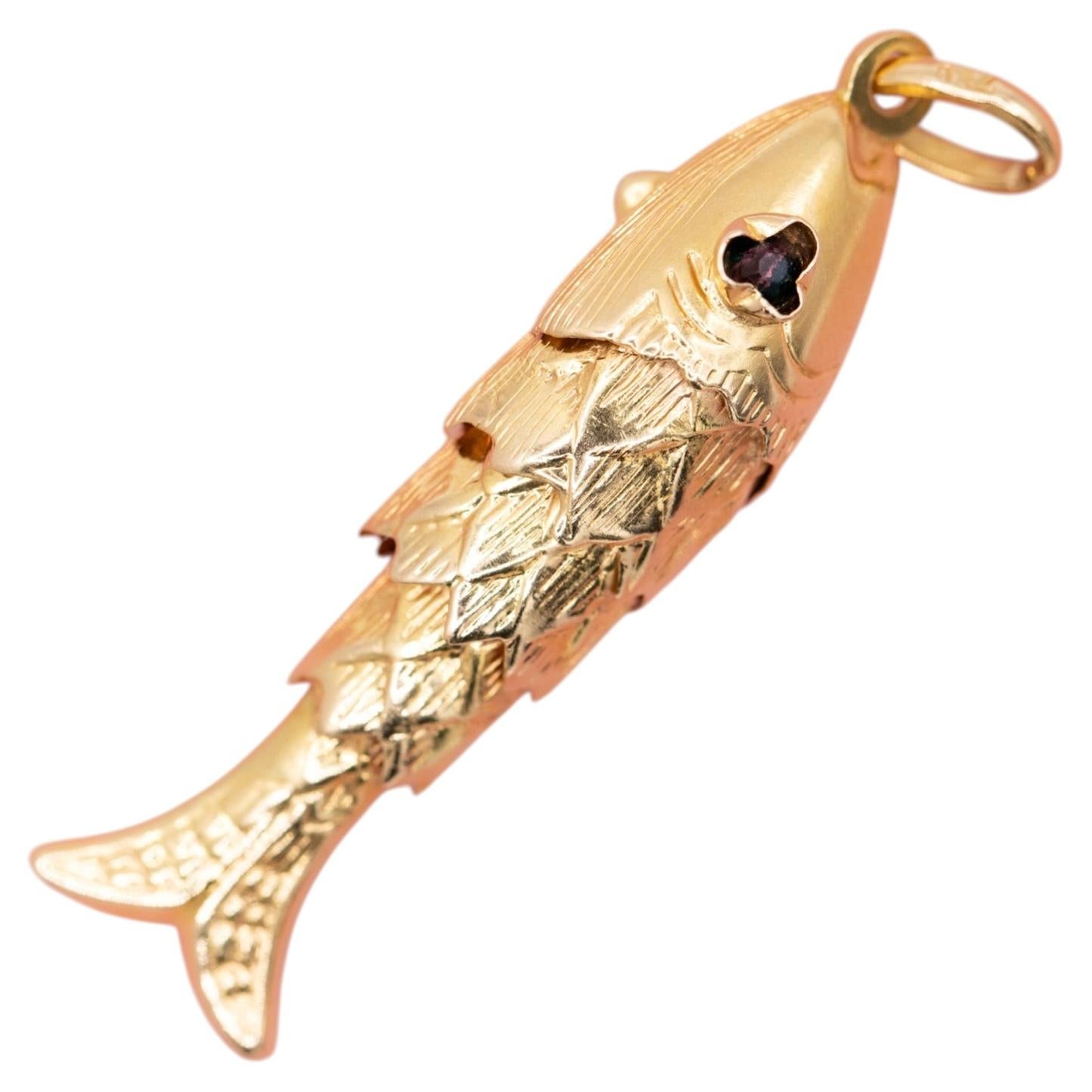 Colgante de animal en oro macizo de 18k - colgante de pez articulado - Amatista italiana de los años 60